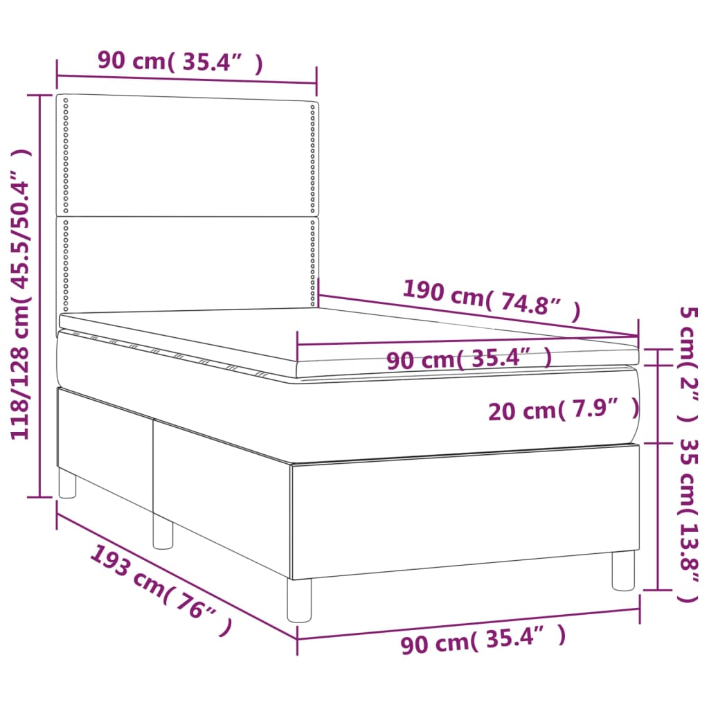 Box spring postelja z vzmetnico LED svetlo siva 90x190 cm blago