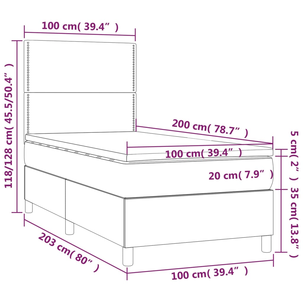 barna szövet rugós és LED-es ágy matraccal 100x200 cm