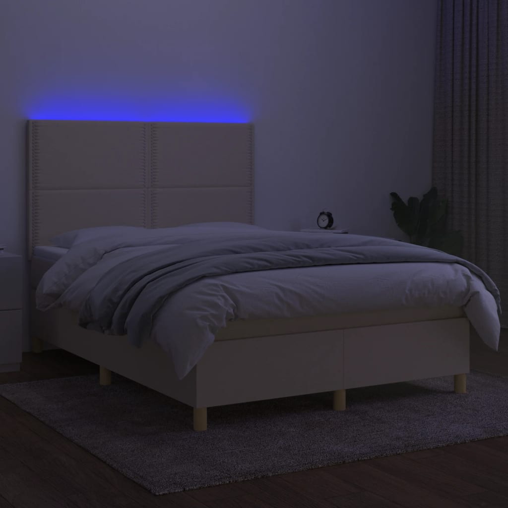 Box spring postelja z vzmetnico LED krem 140x190 cm blago