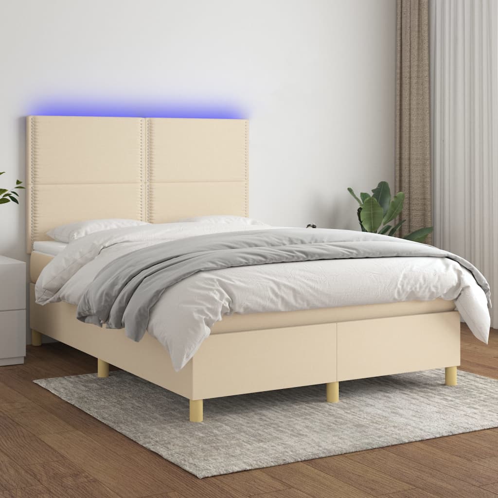 vida XL Boxspringbett mit Matratze & LED Creme 140x 190 cm Stoff