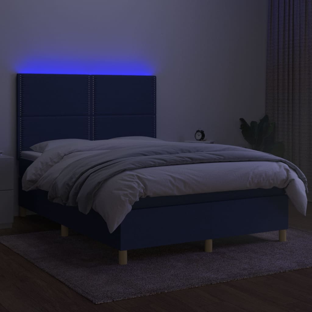 Pat cu arcuri, saltea și LED, albastru, 140x190 cm, textil