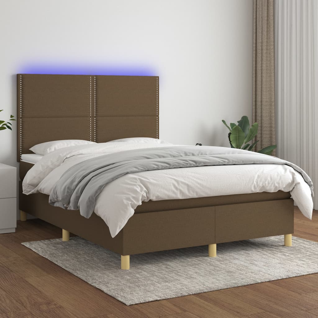 vidaXL Boxspringbett mit Matratze & LED Dunkelbraun 140x200 cm Stoff