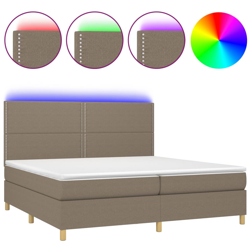 vidaXL Box spring postelja z vzmetnico LED taupe 200x200 cm blago