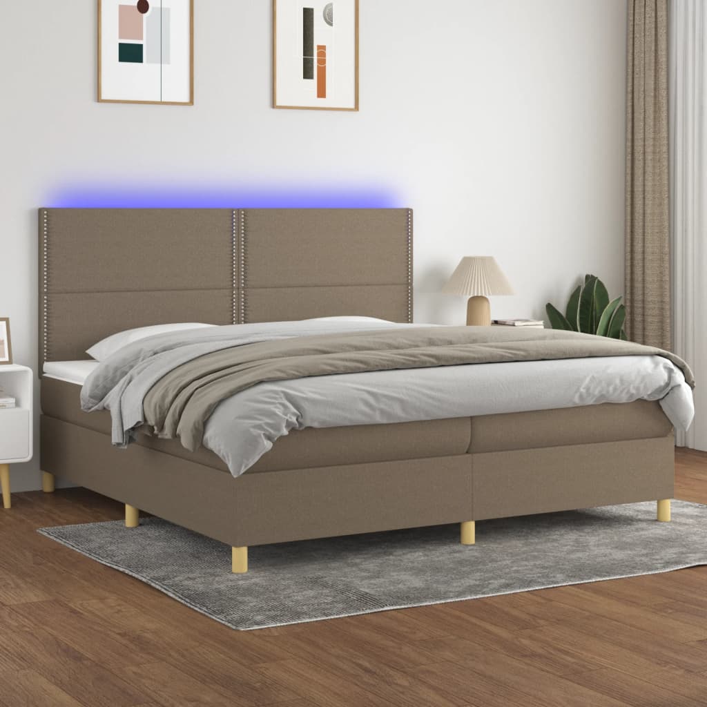 Box spring postelja z vzmetnico LED taupe 200x200 cm blago