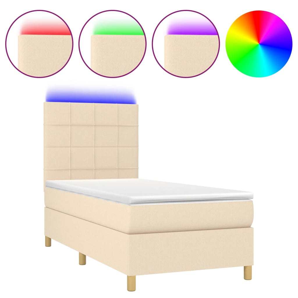 Krémszínű szövet rugós és LED-es ágy matraccal 90x200 cm 