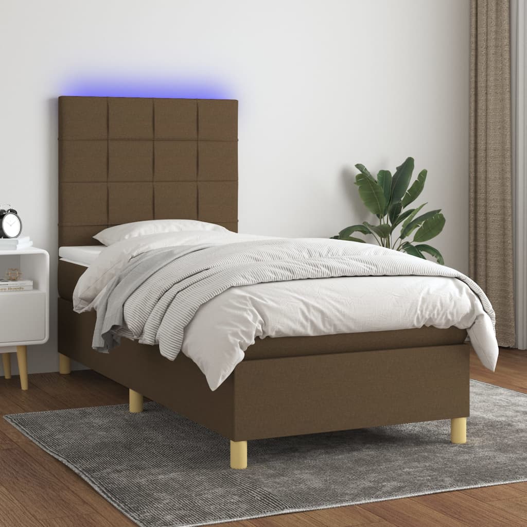 Barna szövet rugós és LED-es ágy matraccal 100x200 cm 