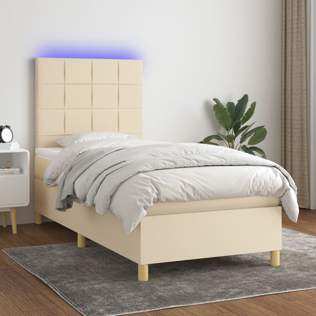Sommier tapissier avec matelas et LED Crème 100x200 cm Tissu