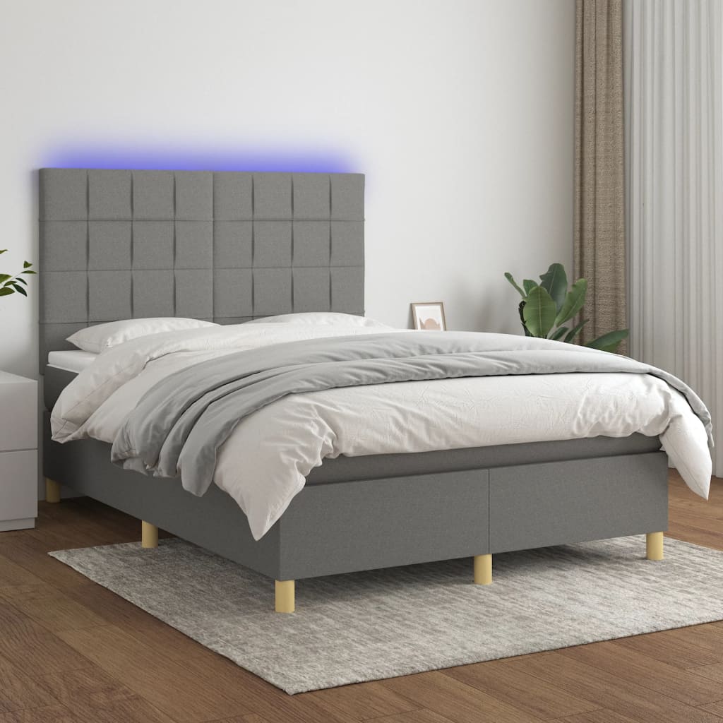 vidaXL Cama box spring c/ colchão e LED 140x190 cm tecido cinza-escuro