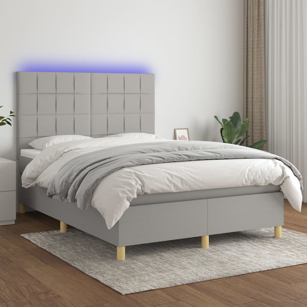 vidaXL Pat cu arcuri, saltea și LED, gri deschis, 140×200 cm, textil 140x200 imagine noua