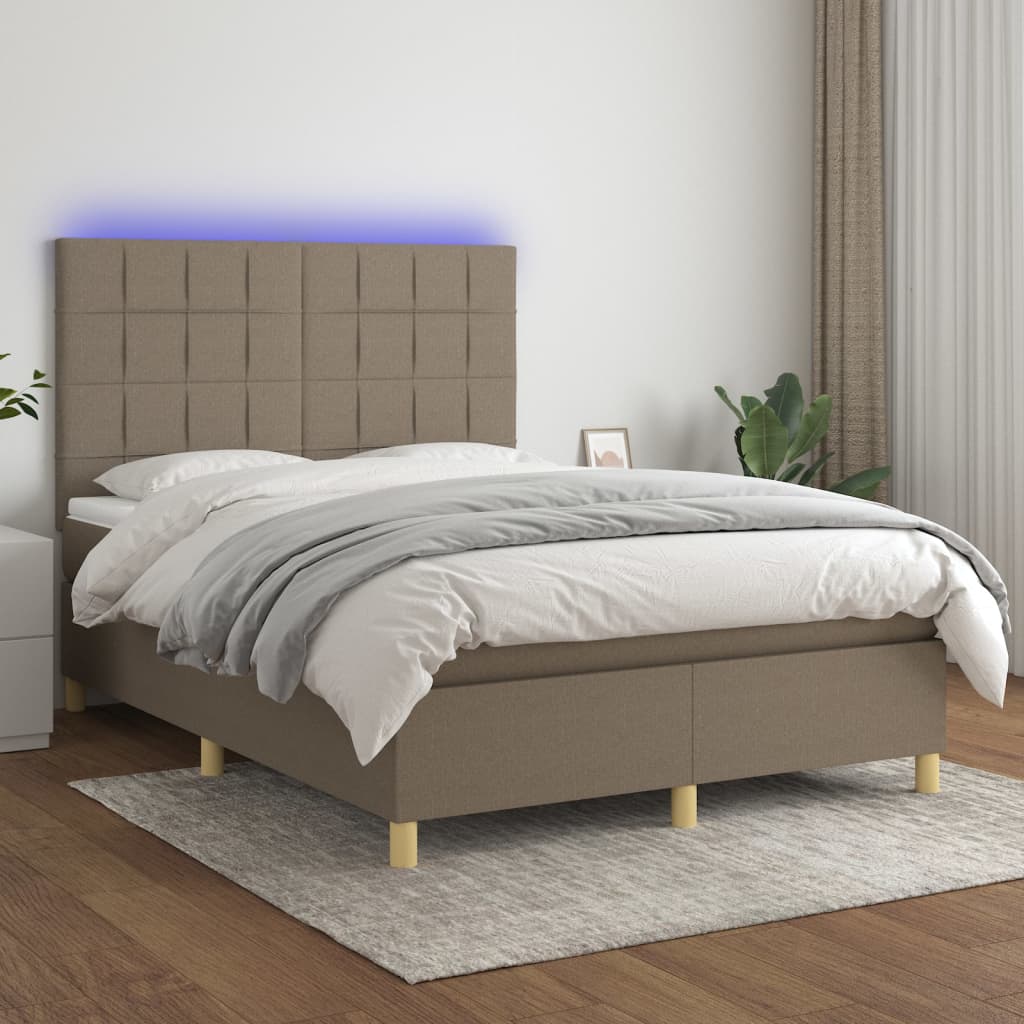vidaXL Cama box spring colchão/LED 140x200 cm tecido cinza-acastanhado