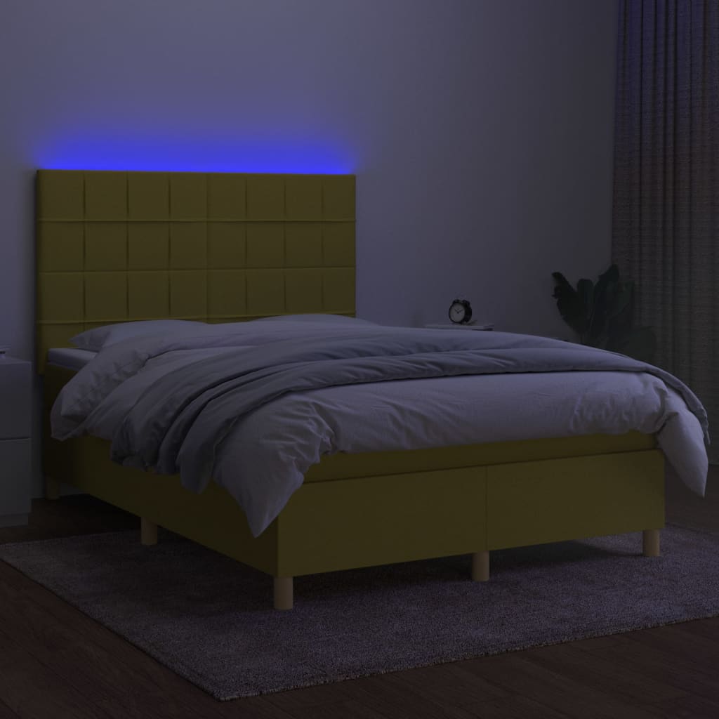 Zöld szövet rugós és LED-es ágy matraccal 140x200 cm 