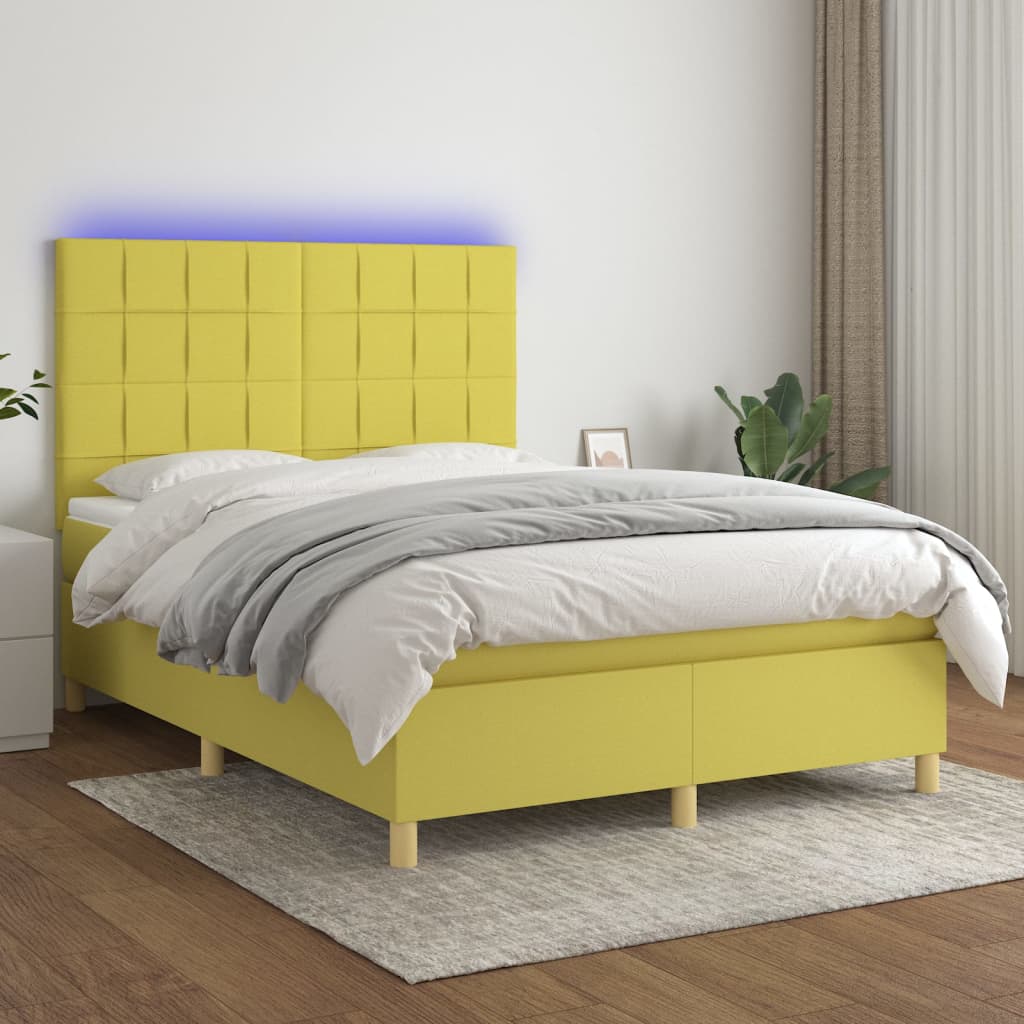 vidaXL Box spring postel s matrací a LED zelená 140x200 cm textil