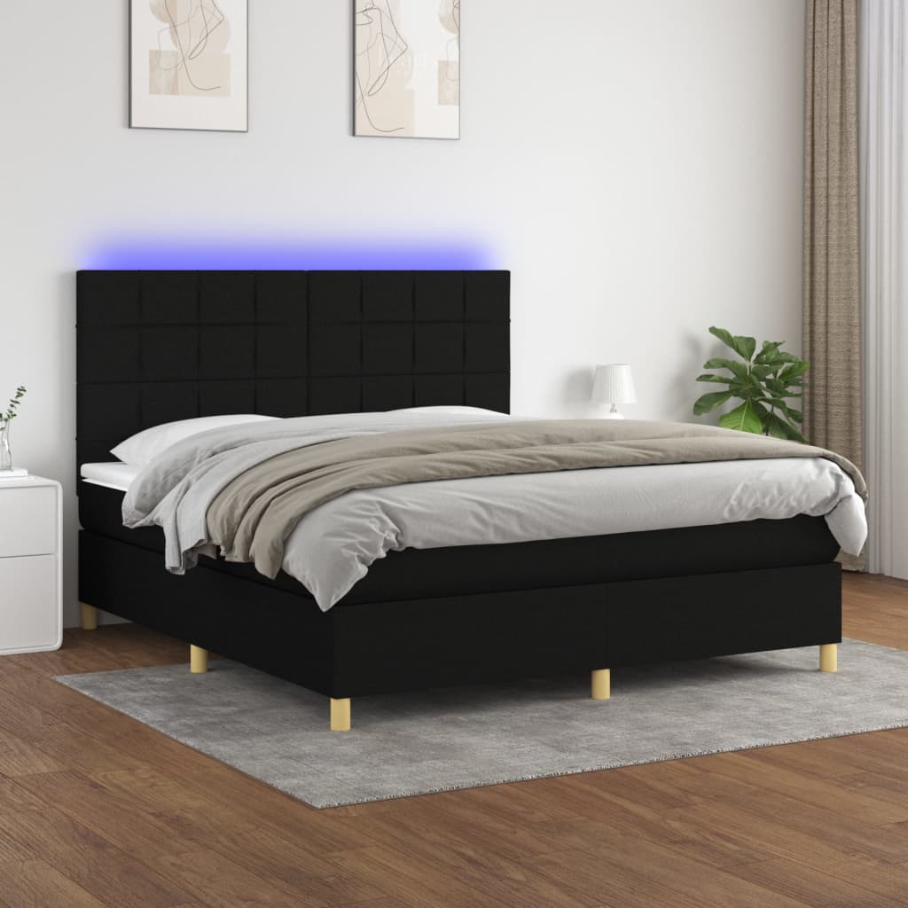 Box spring postel s matrací a LED černá 180x200 cm textil