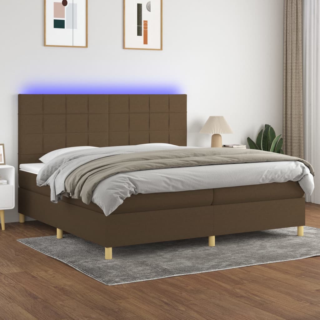 Barna szövet rugós és LED-es ágy matraccal 200x200 cm 
