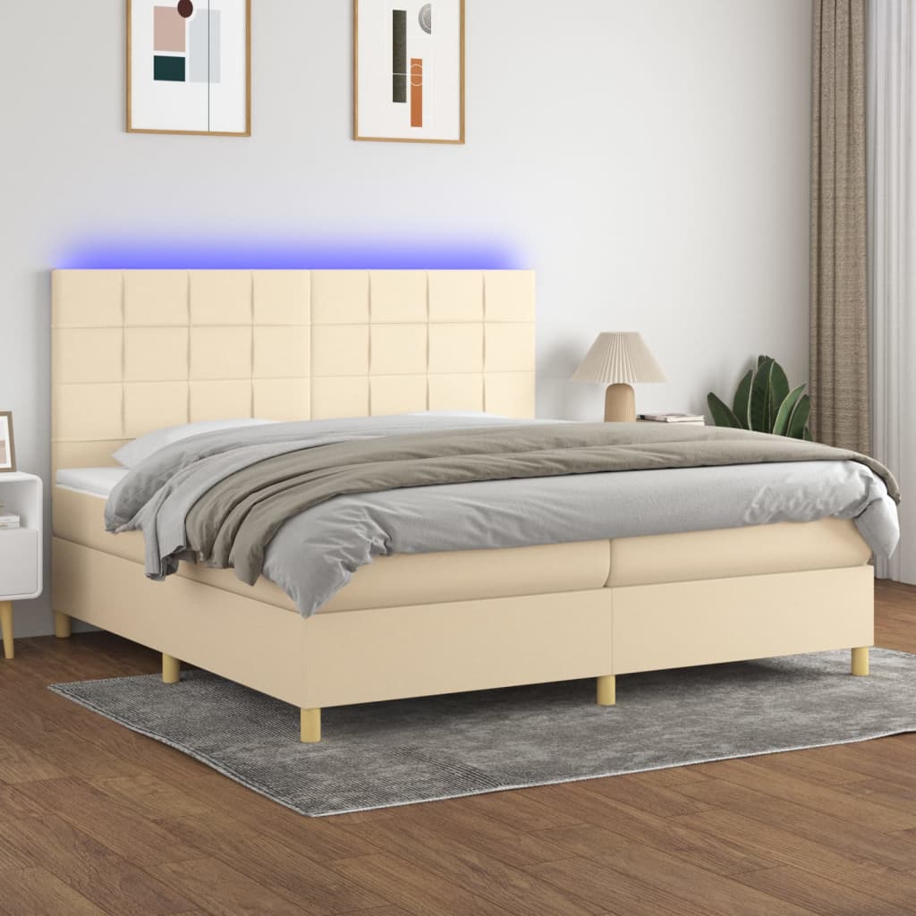 Sommier tapissier et matelas et LED Crème 200x200 cm Tissu