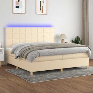 Box spring postelja z vzmetnico LED krem 200x200 cm blago