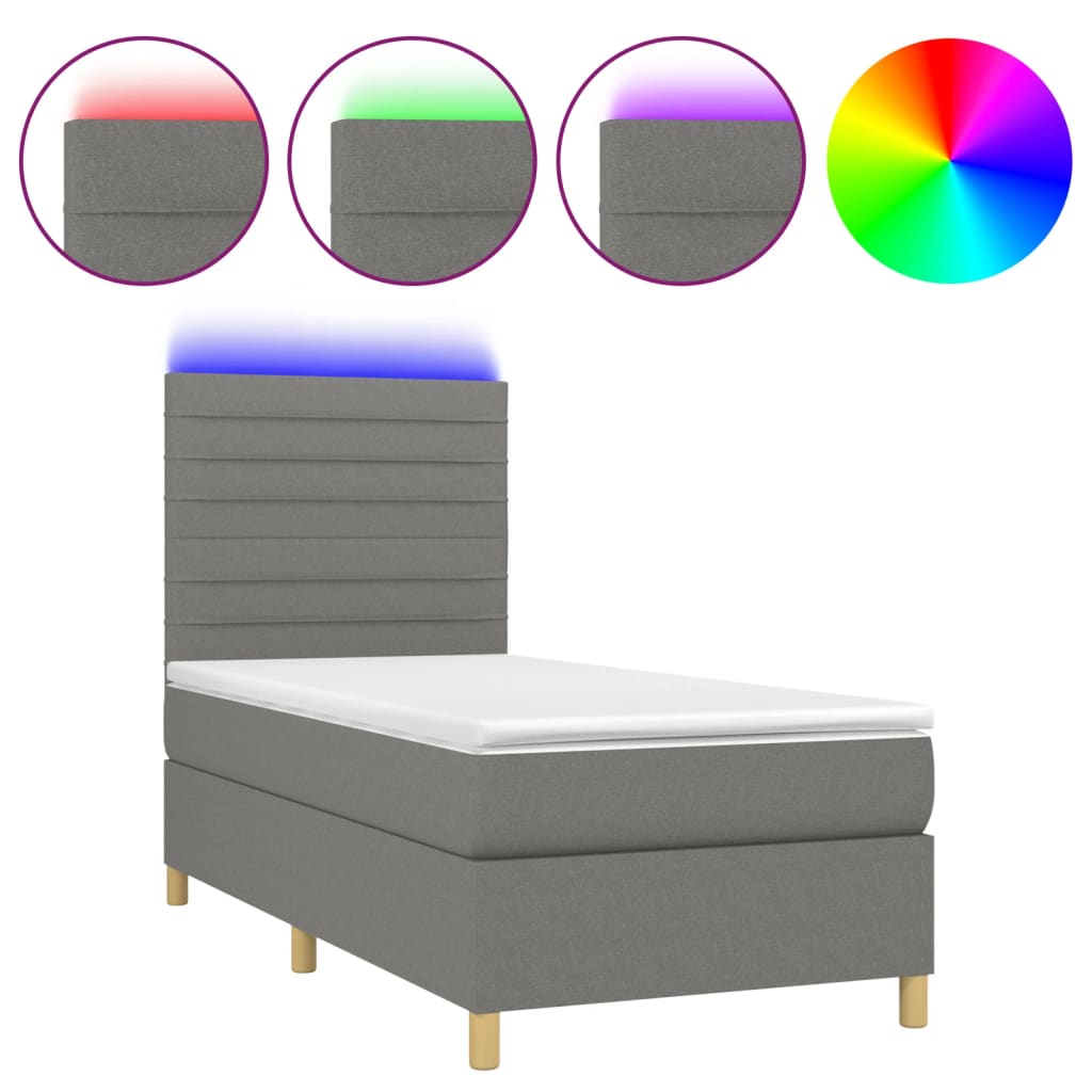 Sötétszürke szövet rugós és LED-es ágy matraccal 90x190 cm 
