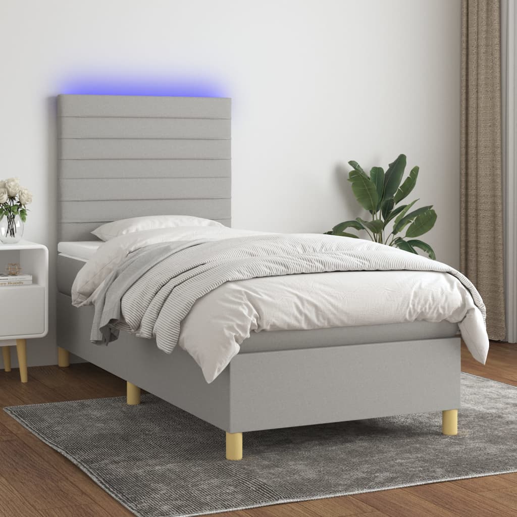 vidaXL Pat cu arcuri, saltea și LED, gri deschis, 100x200 cm, textil