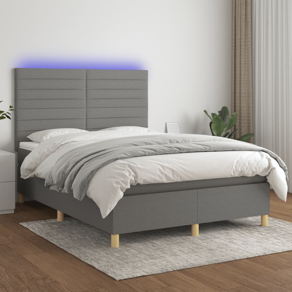 vidaXL Pat cu arcuri, saltea și LED, gri închis, 140×190 cm, textil