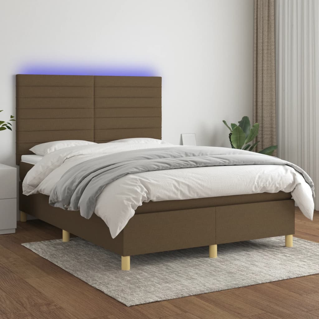 Sommier tapissier matelas et LED Marron foncé 140x200 cm Tissu