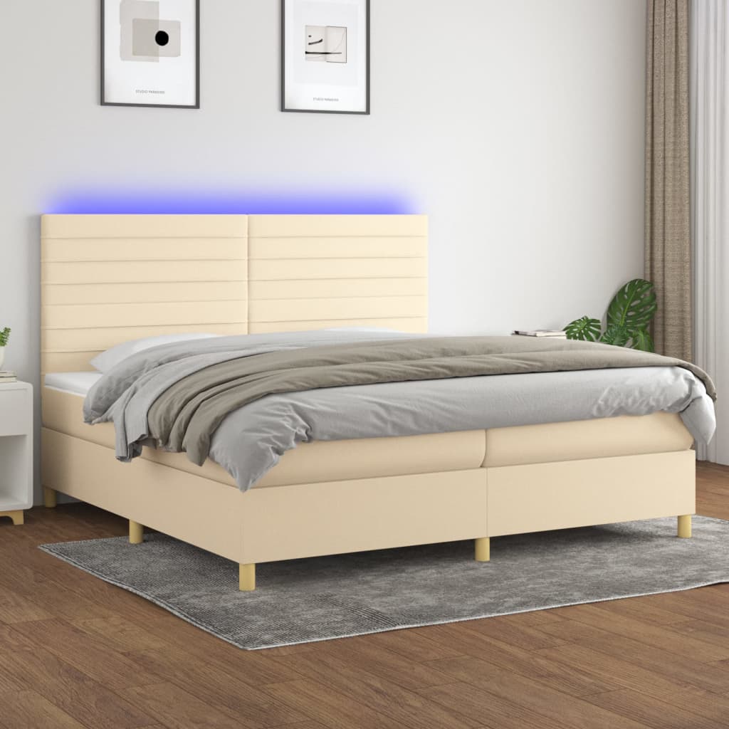 Krémszínű szövet rugós és LED-es ágy matraccal 200 x 200 cm 