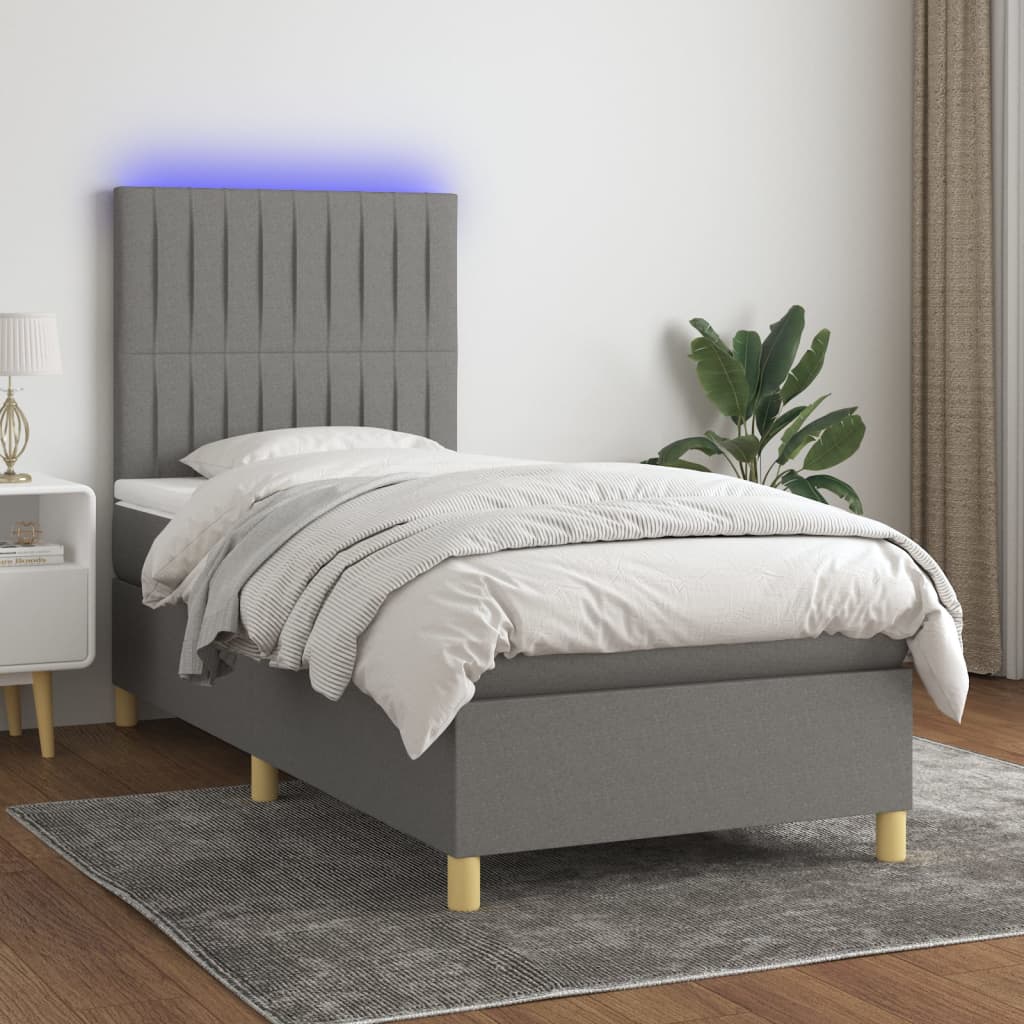 sötétszürke szövet rugós és LED-es ágy matraccal 90x200 cm
