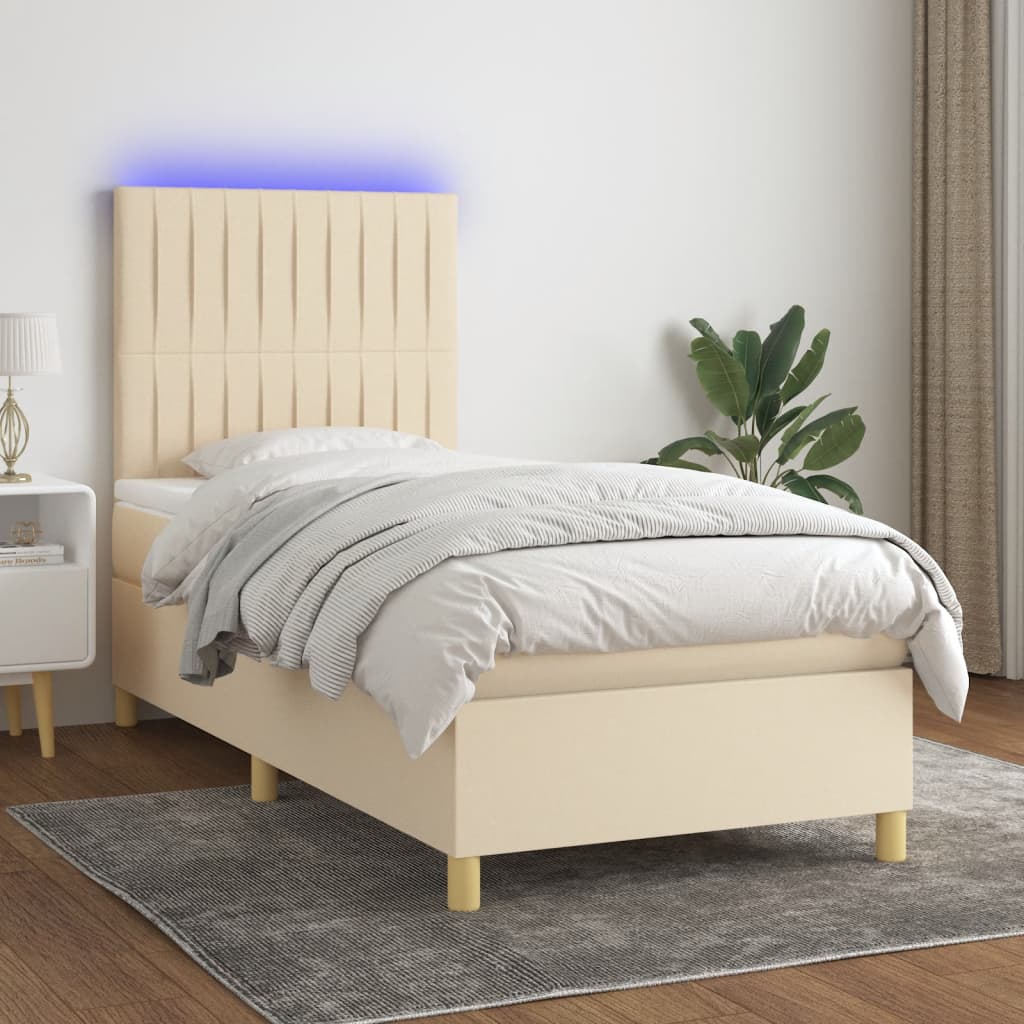 Krémszínű szövet rugós és LED-es ágy matraccal 100x200 cm 