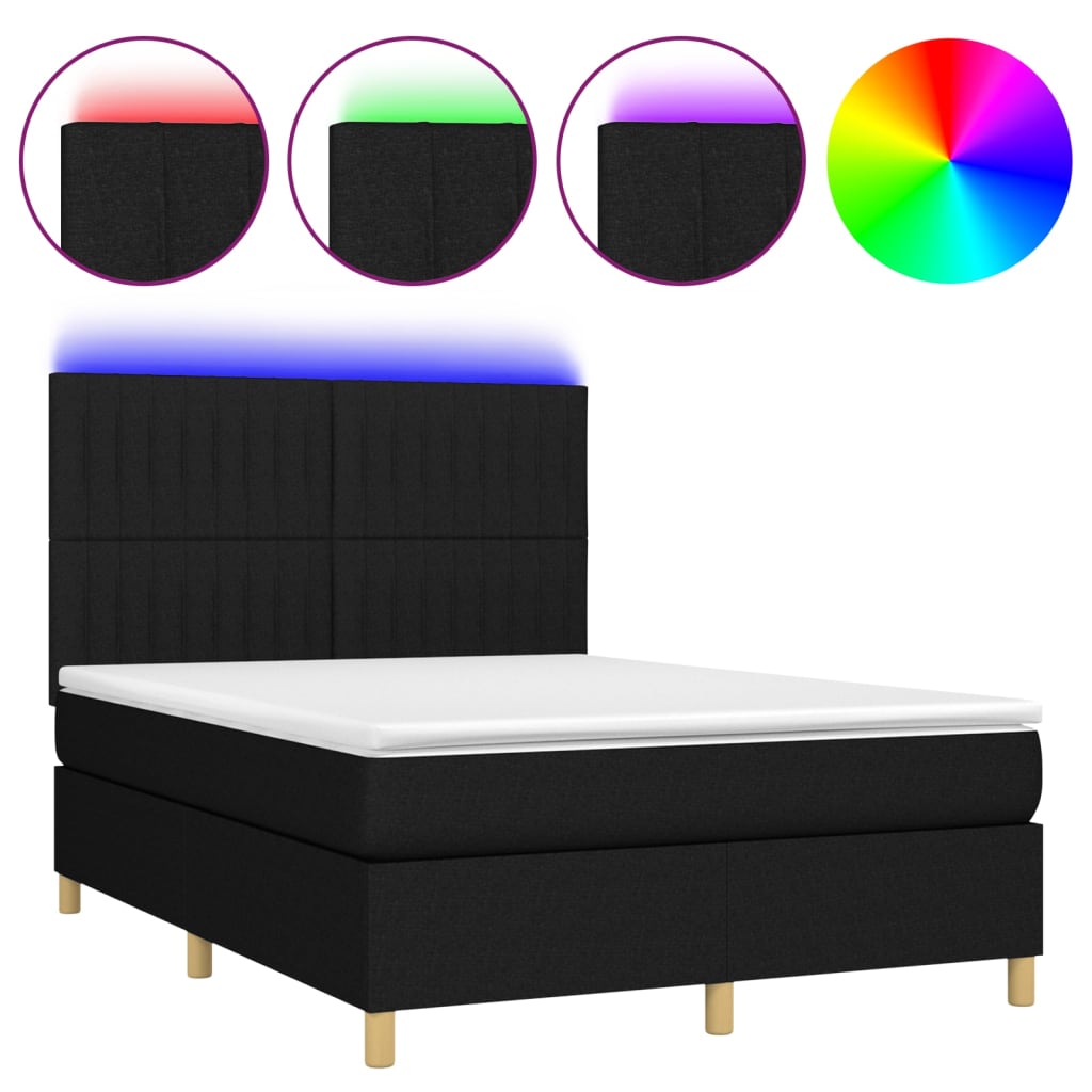Fekete szövet rugós és LED-es ágy matraccal 140x200 cm 