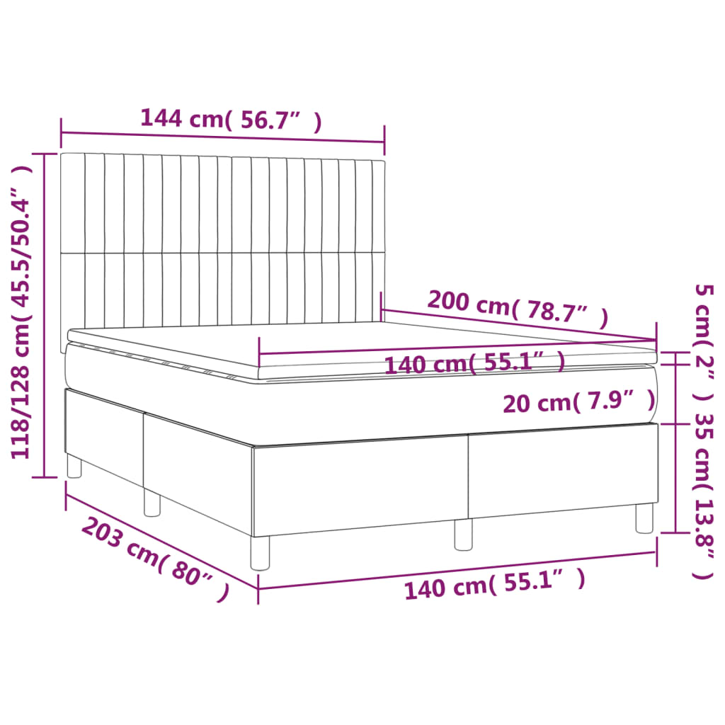 Box spring postel s matrací a LED tmavě hnědá 140x200 cm textil