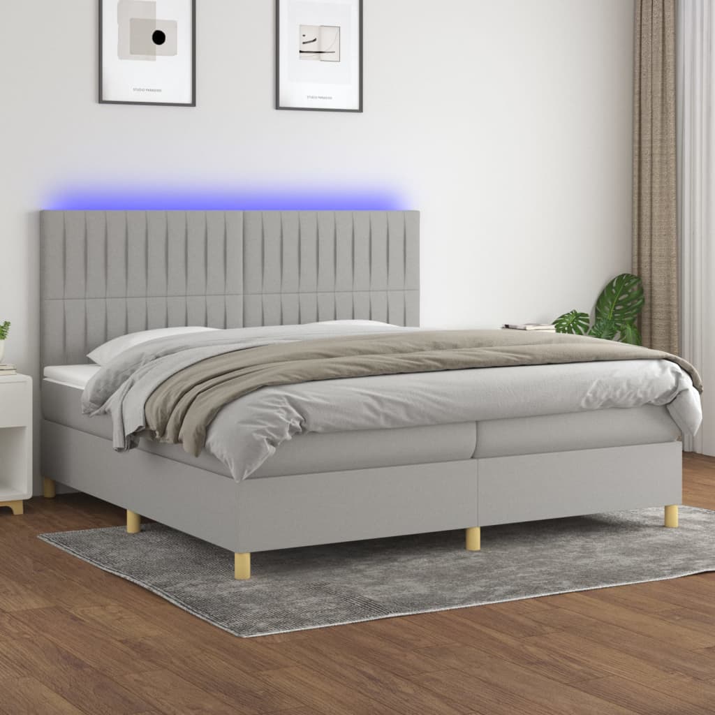 Box spring postelja z vzmetnico LED sv. siva 200x200 cm blago