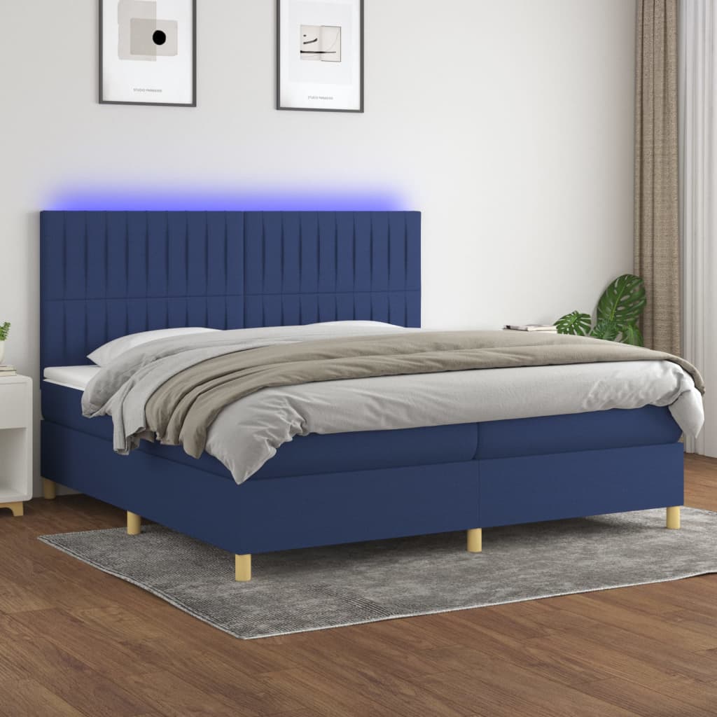 Box spring postel s matrací a LED modrá 200x200 cm textil