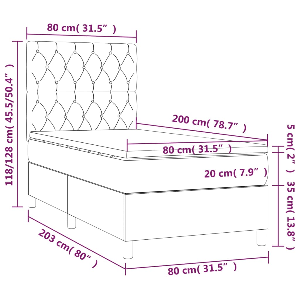 Krevet box spring s madracem LED svjetlosivi 80x200 cm tkanina