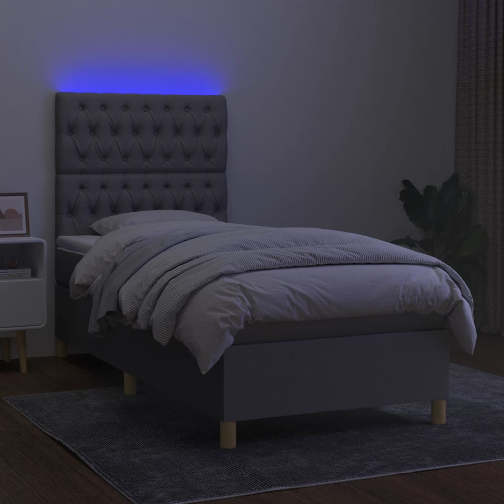 Világosszürke szövet rugós és LED-es ágy matraccal 90x200 cm 