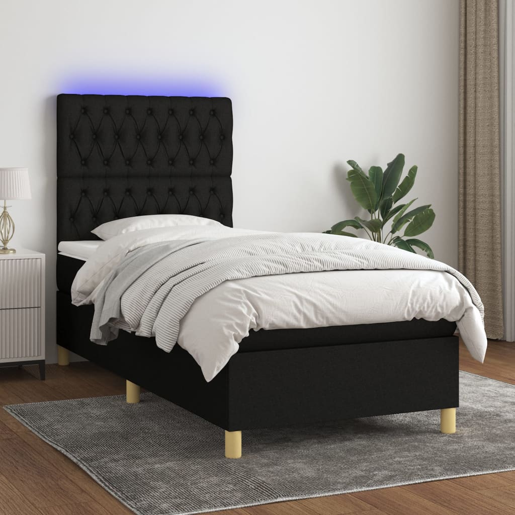 vidaXL Boxspringbett mit Matratze & LED Schwarz 90x200 cm Stoff