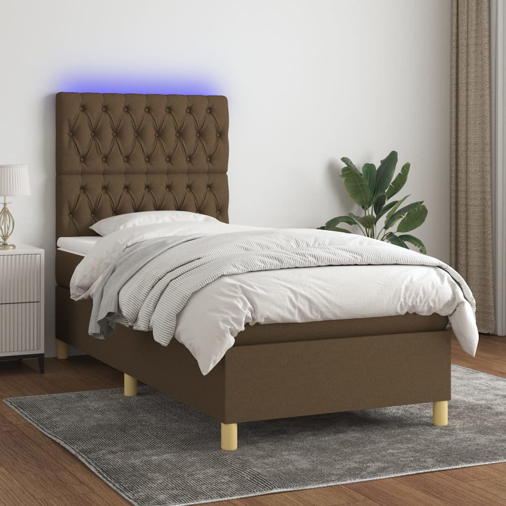 Box spring postel s matrací a LED tmavě hnědá 90x200 cm textil