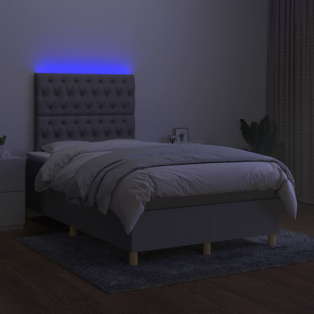 világosszürke szövet rugós és LED-es ágy matraccal 120 x 200 cm