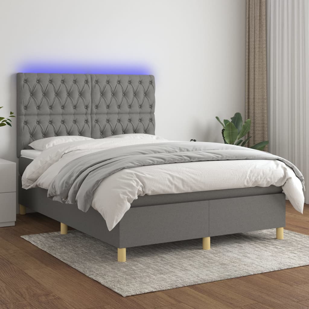 vidaXL Boxspringbett mit Matratze & LED Dunkelgrau 140x190 cm Stoff