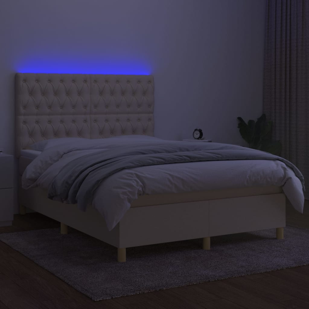 Krémszínű szövet rugós és LED-es ágy matraccal 140x190cm 