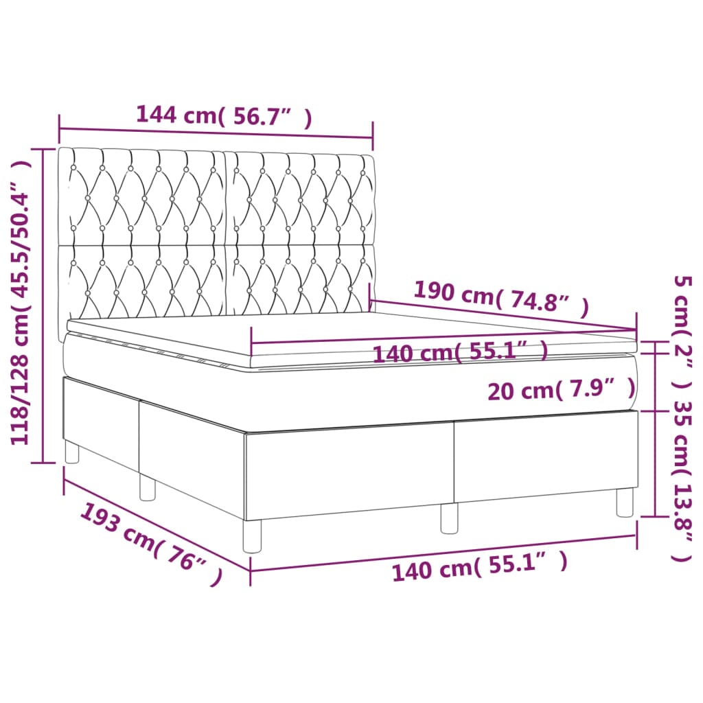 Krevet box spring s madracem LED krem 140x190 cm od tkanine