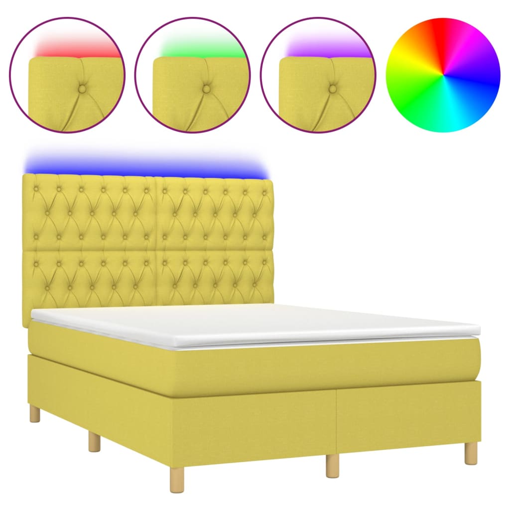 Zöld szövet rugós és LED-es ágy matraccal 140x190 cm 