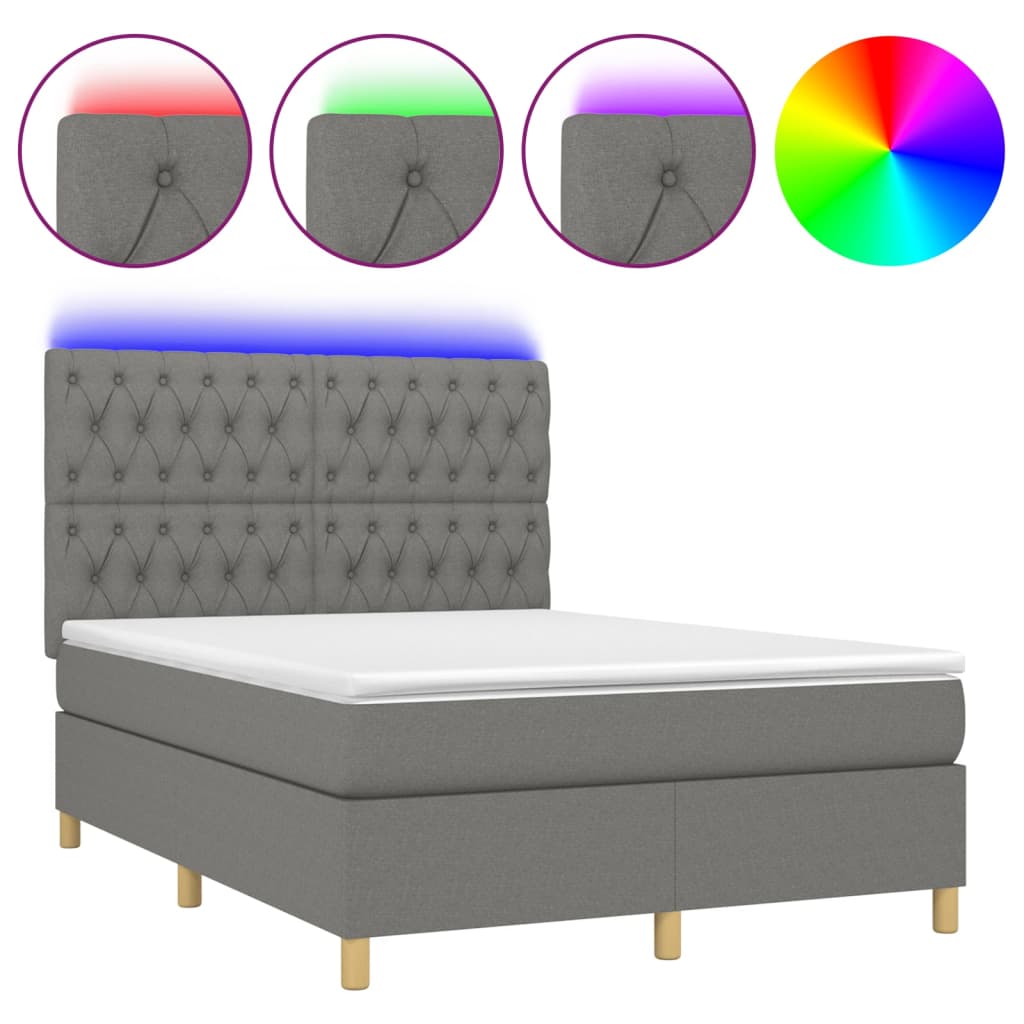 Sötétszürke szövet rugós és LED-es ágy matraccal 140x200 cm 