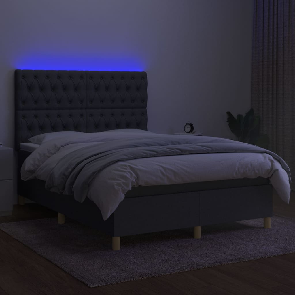 Box spring postelja z vzmetnico LED temno siva 140x200 cm blago