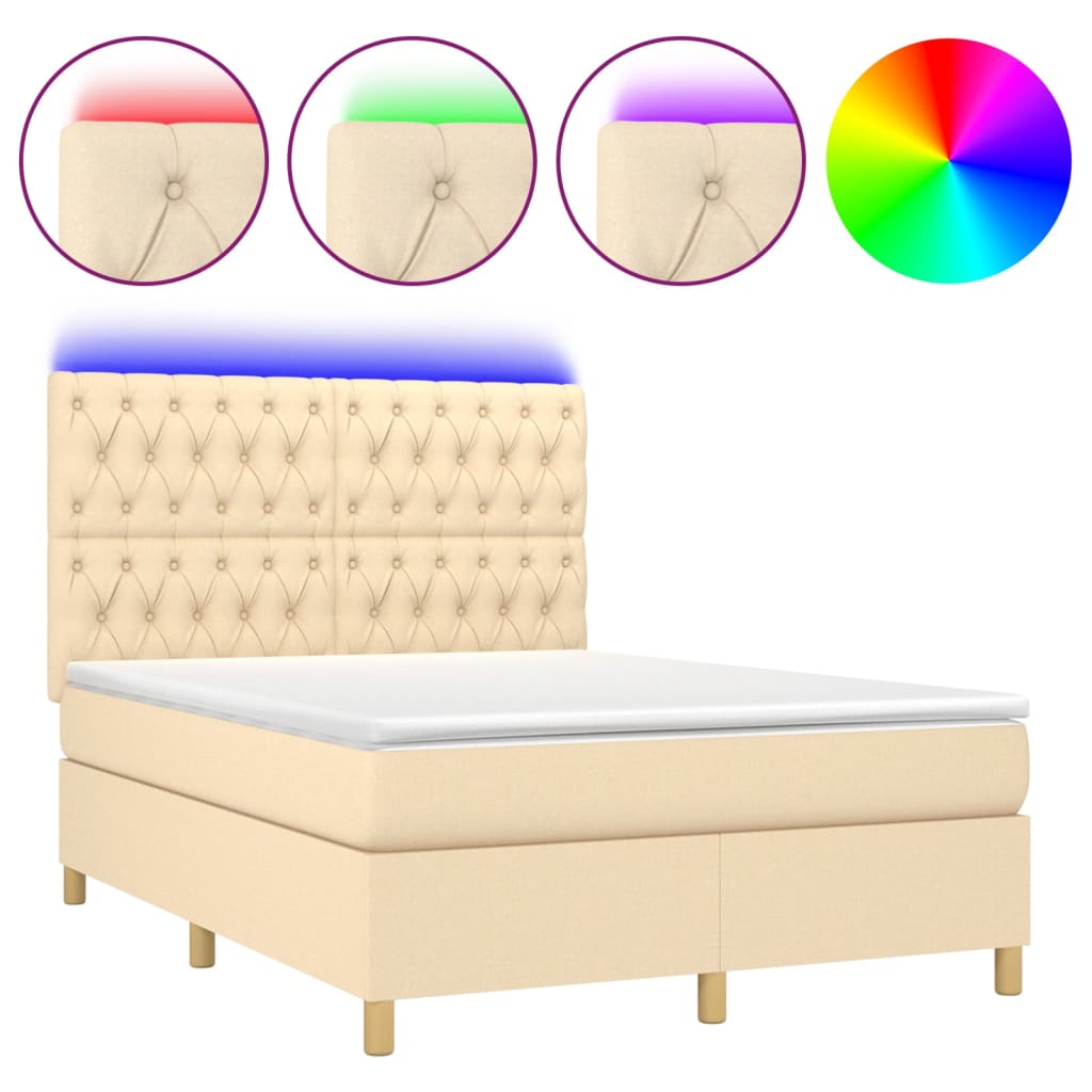 vidaXL Boxspring met matras en LED stof crèmekleurig 140x200 cm