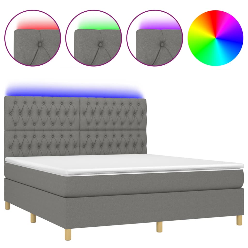 vidaXL Box spring postel s matrací a LED tmavě šedá 180x200 cm textil