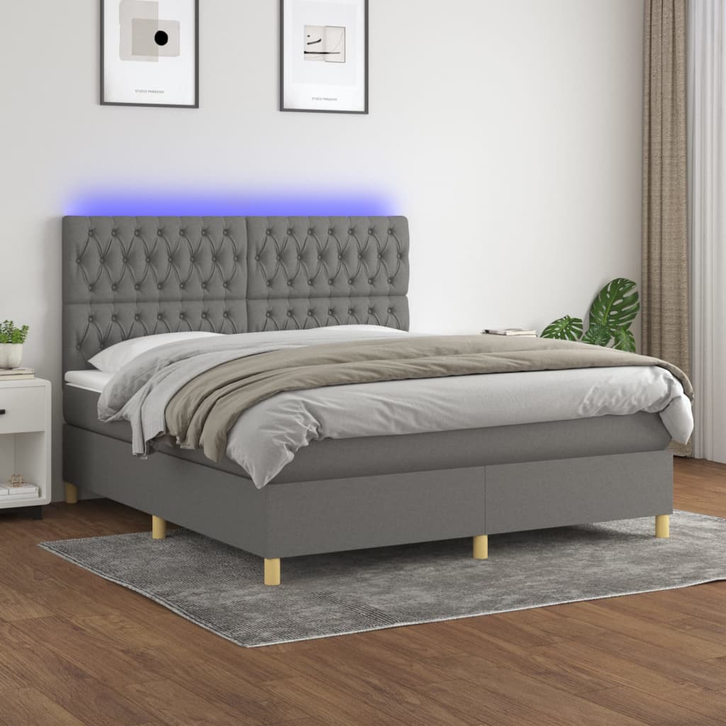Box spring postel s matrací a LED tmavě šedá 180x200 cm textil
