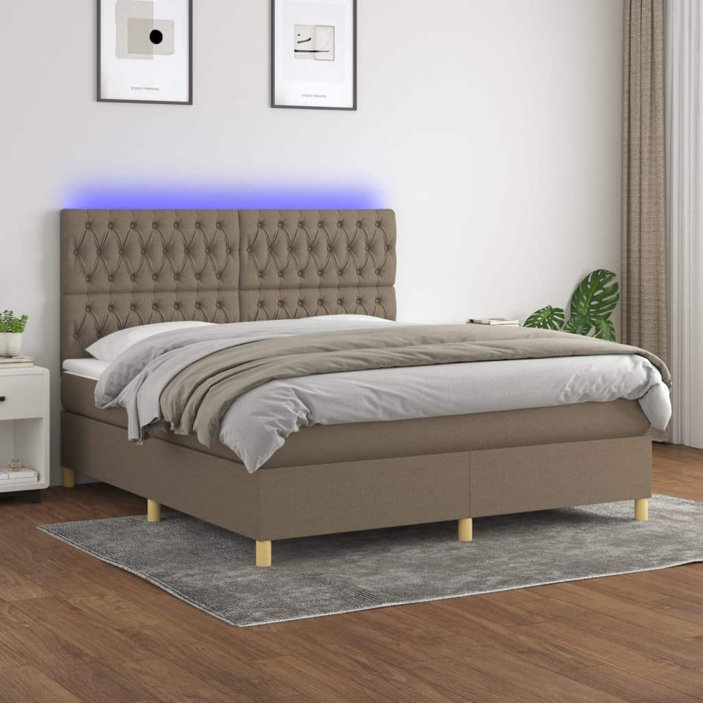 vidaXL Pat cu arcuri, saltea și LED, gri taupe, 180x200 cm, textil