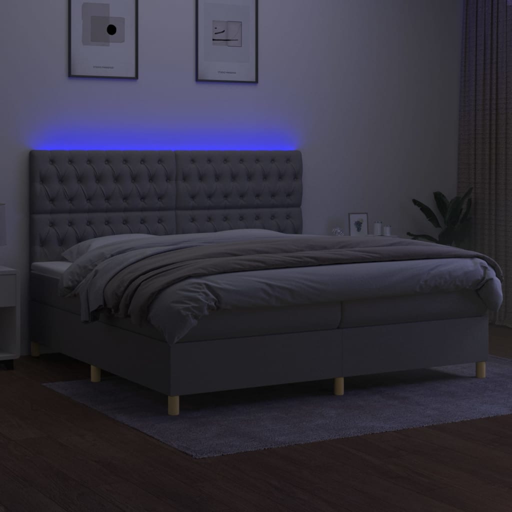 Box spring postel s matrací a LED světle šedá 200x200 cm textil