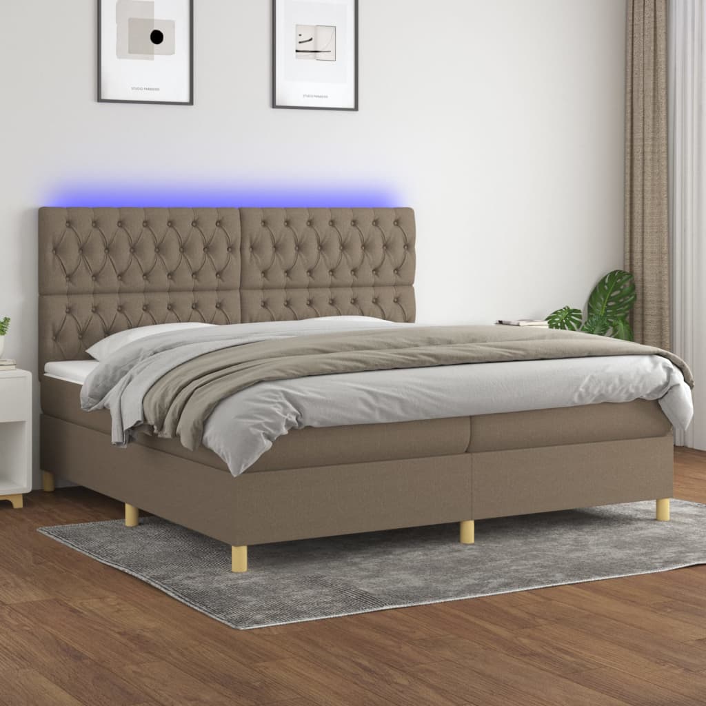 vidaXL Pat cu arcuri, saltea și LED, gri taupe, 200x200 cm, textil