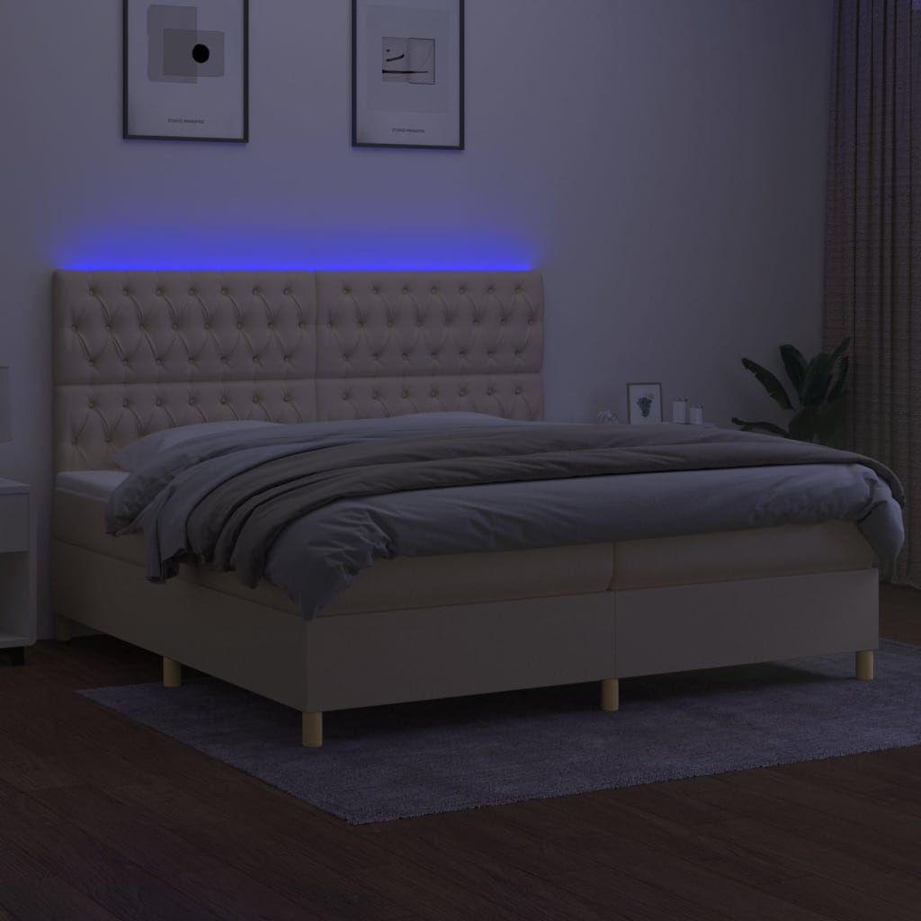 Box spring postel s matrací a LED krémová 200x200 cm textil