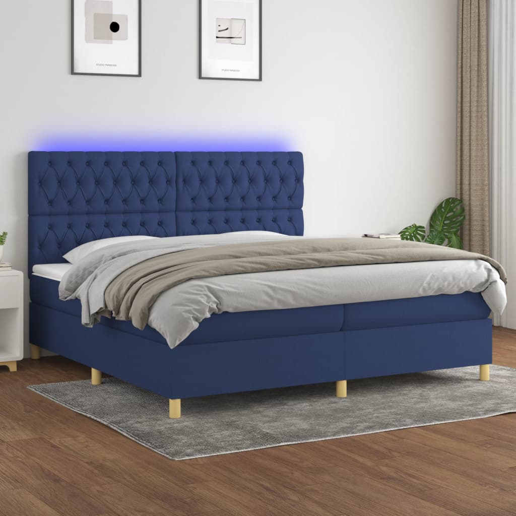 Sommier tapissier et matelas et LED Bleu 200x200 cm Tissu